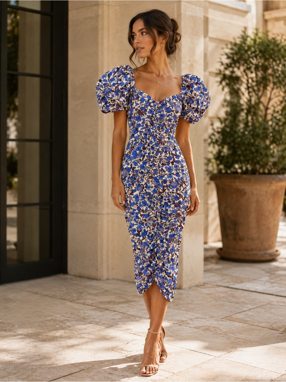 MARBLE 🔥 Blue Floral Puff-Sleeve Midi Dress